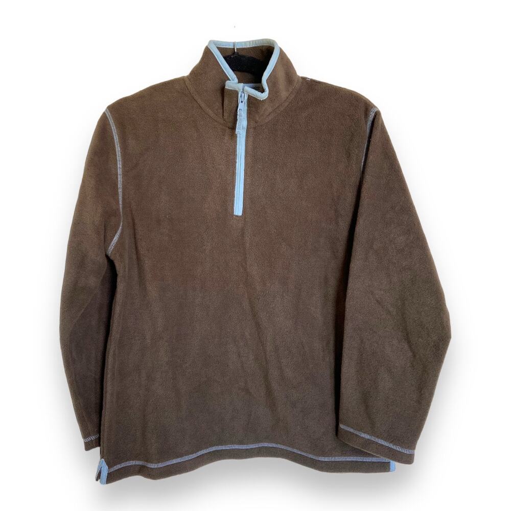 Mini Boden Boys Fleece Sz 11 12 Brown Blue Pullover Sweatshirt Quarter Zip Soft